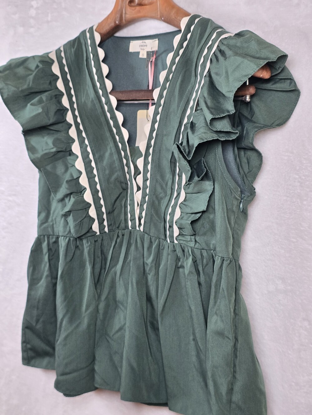 Entro Green Ric Rac Ruffle V Neck Babydoll Blouse Top Sz.S Pemplum Cottagecore - Picture 6 of 13